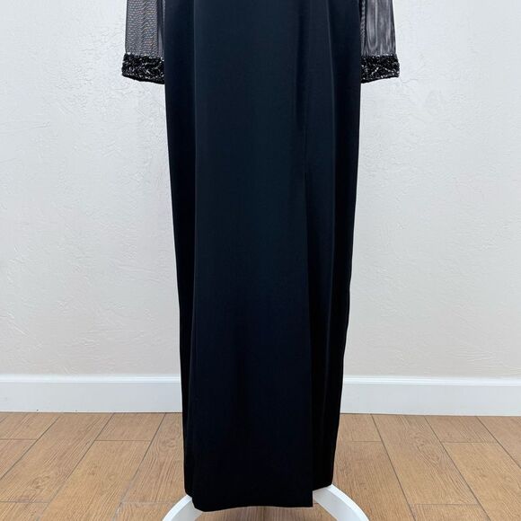 Vintage Black Tie Oleg Cassini Dress w/ Sheer Long Sleeves Beaded Detail Maxi - Picture 6 of 16